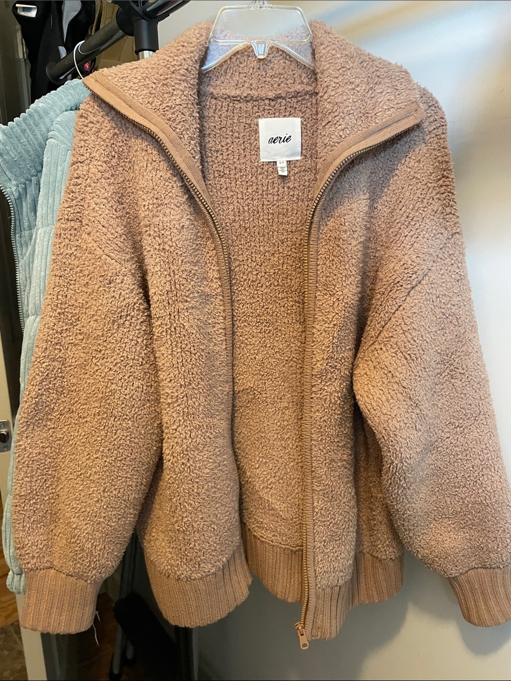 aerie Plush Teddy Jacket in Camel Brown